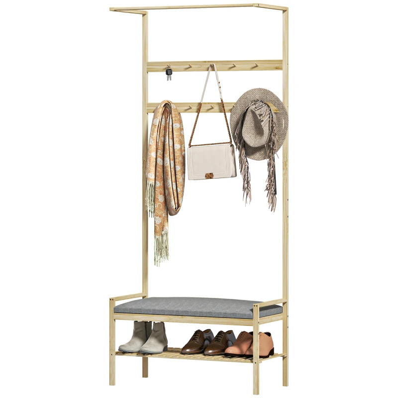 HOMCOM Coat rack with shoe bench, clothes rail, 10 garment hooks, shoe shelf, bamboo