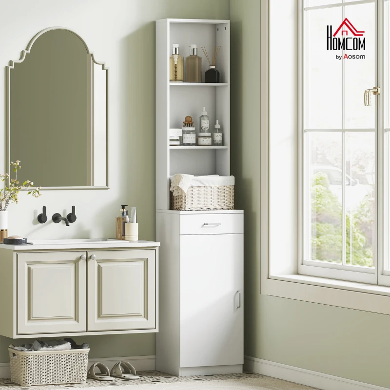 HOMCOM Tall Bathroom Cabinet, Narrow Design, Drawer, Shelves, Cabinet, Particleboard, White