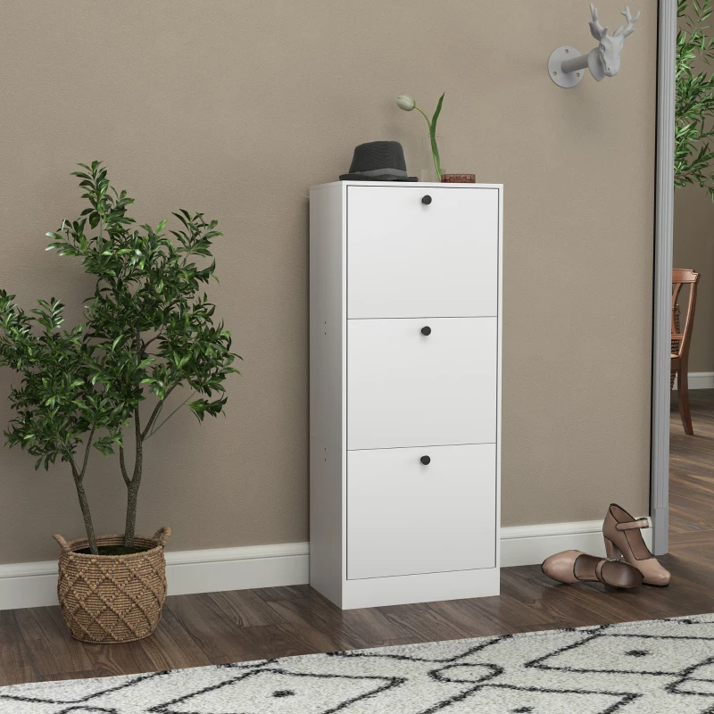 HOMCOM Shoe Cabinet, Shoe Rack, 3 Flip Compartments, Adjustable, Particleboard, White