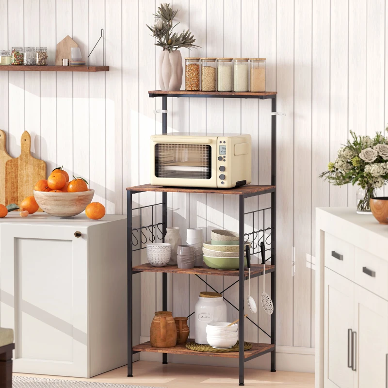 HOMCOM Kitchen rack, 4-tier design, worktop, 8 hooks, metal pipes, Brown+Black