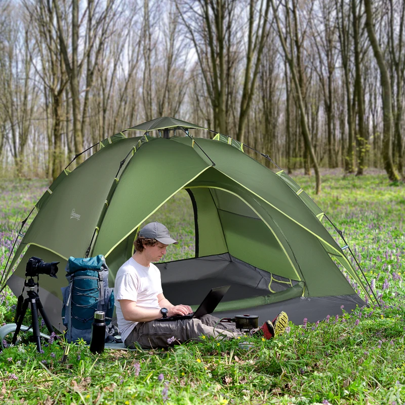 Outsunny 3 Man Camping Tent Automatic Pop Up Tent Portable Double Layer for Festival Hiking Family Travel Shelter