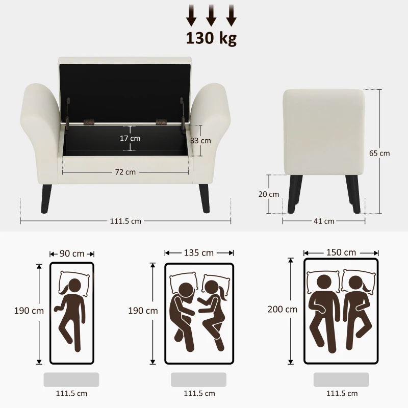 HOMCOM Storage Bench with Storage, 111.5cm x 41cm x 65cm, Cream White