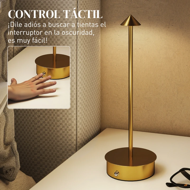 HOMCOM Juego de 2 Lámparas de Mesa LED Recargables con USB y Control Táctil y Luz Regulable Ø10x30 cm Dorado