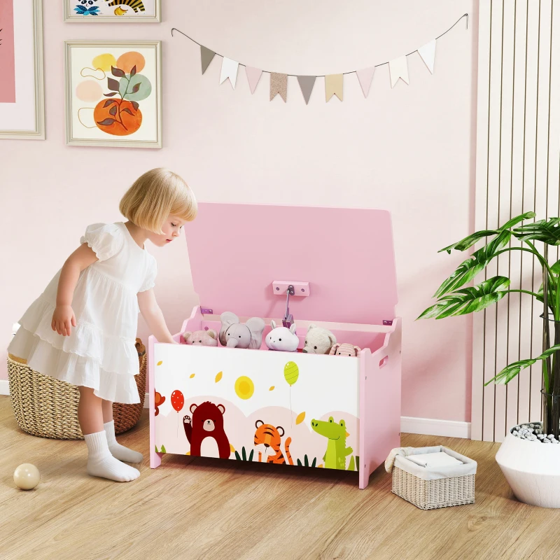AIYAPLAY Spielzeugtruhe Kind Aufbewahrungsbox Klappdeckel Tiermotiv 60 x 37 x 39 cm rosa