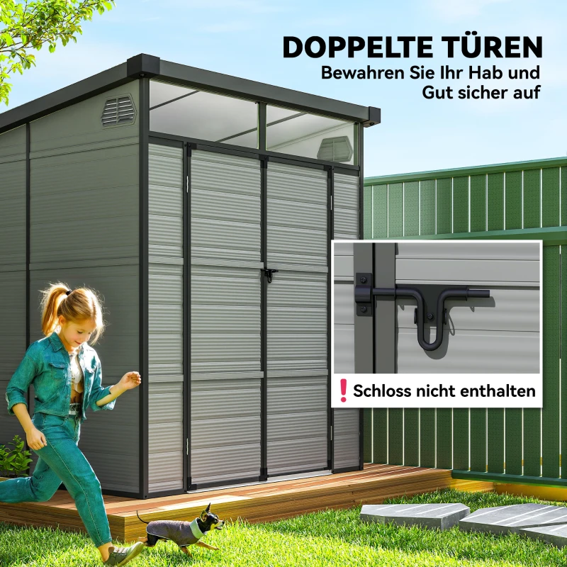 Outsunny 1,9 x 1,9 m Gartenschuppen, Werkzeugschuppen aus Kunststoff , verschließbare Türen, 2 Lüftungsöffnungen, Hellgrau(m-7)