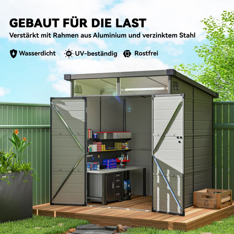 Outsunny 1,9 x 1,9 m Gartenschuppen, Werkzeugschuppen aus Kunststoff , verschließbare Türen, 2 Lüftungsöffnungen, Hellgrau(m-5)