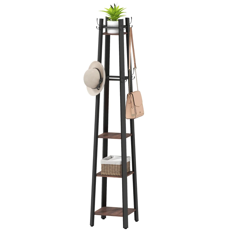 HOMCOM 4-Tier Coat Rack, Freestanding Clothes Rack, 8 Hooks, 4 Shelves, Industrial Style, Metal, Particleboard, Brown