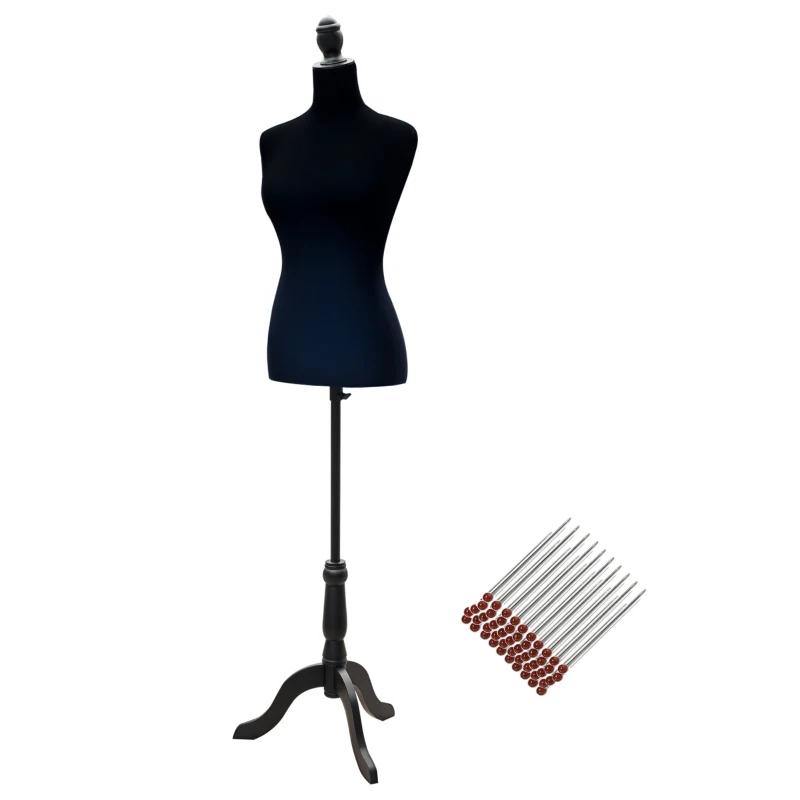 HOMCOM Manequim de Costura Feminino Manequim de Costura Ajustável a 130-168 cm com Tripé de Madeira Preto