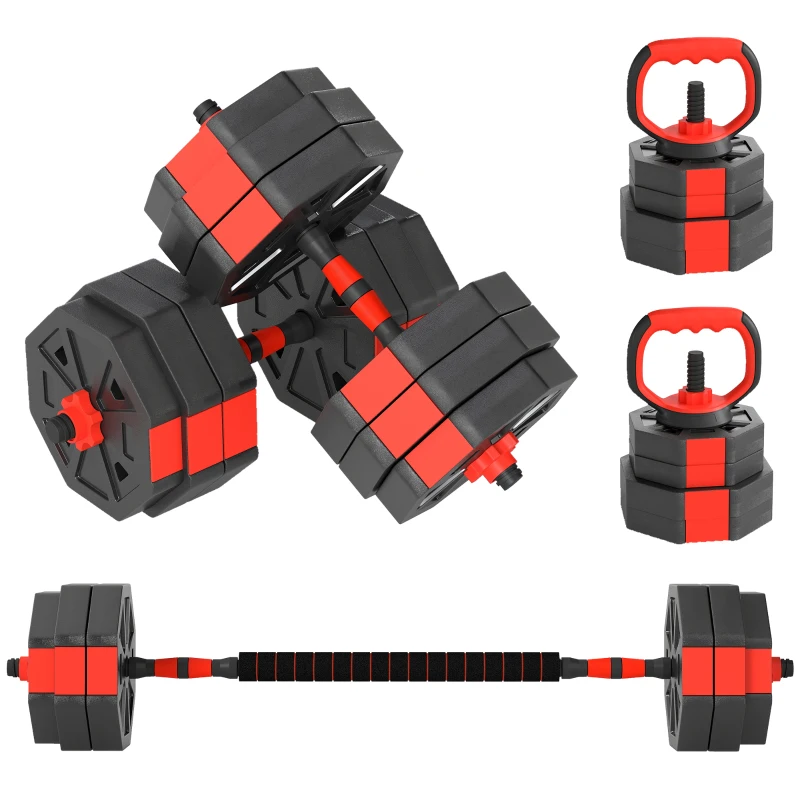 SPORTNOW Set Pesi da Palestra 4 in 1 da 30kg, Convertibile in Kettlebell, 2 Manubri, Bilanciere e Supporto Flessioni, Rosso