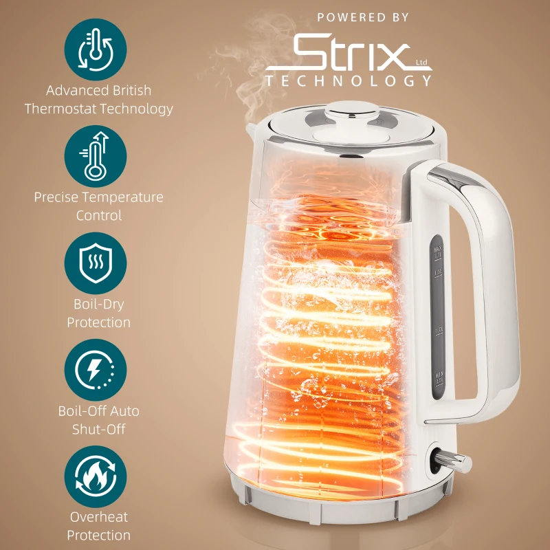 HOMCOM Electric Stainless Steel Kettle and Toaster Set, 3000W 1.7L UK Strix Thermostat Fast Boil Kettle w/ Limescale Filter, Cool Touch Body, 4 Slice Toaster with 7 Browning Levels, Crumb Tray, White