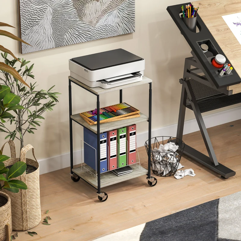 HOMCOM Printer stand with 3 tiers, height-adjustable, mobile printer table on casters, for home office, metal and wood