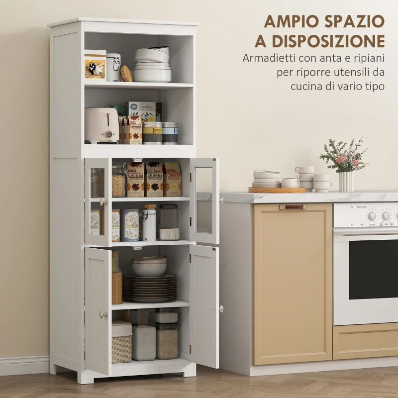 HOMCOM Mobile Dispensa con 2 Ripiani Aperti e 2 Armadietti con Ante, in MDF e Vetro, 60x30x162 cm, Bianco