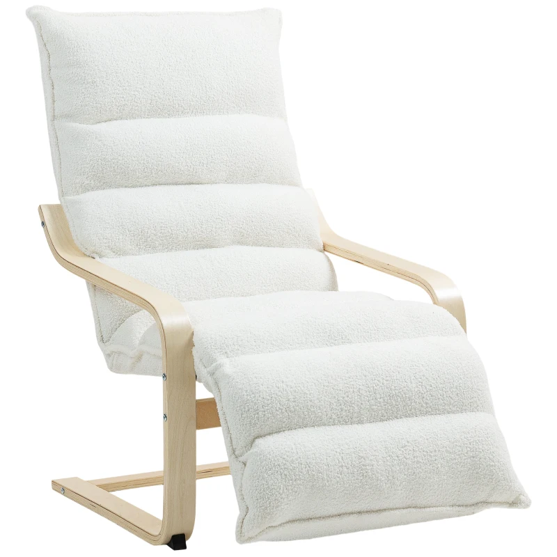 HOMCOM Birch Wood Lounge Chair, Padded Armchair, Adjustable Footrest, White