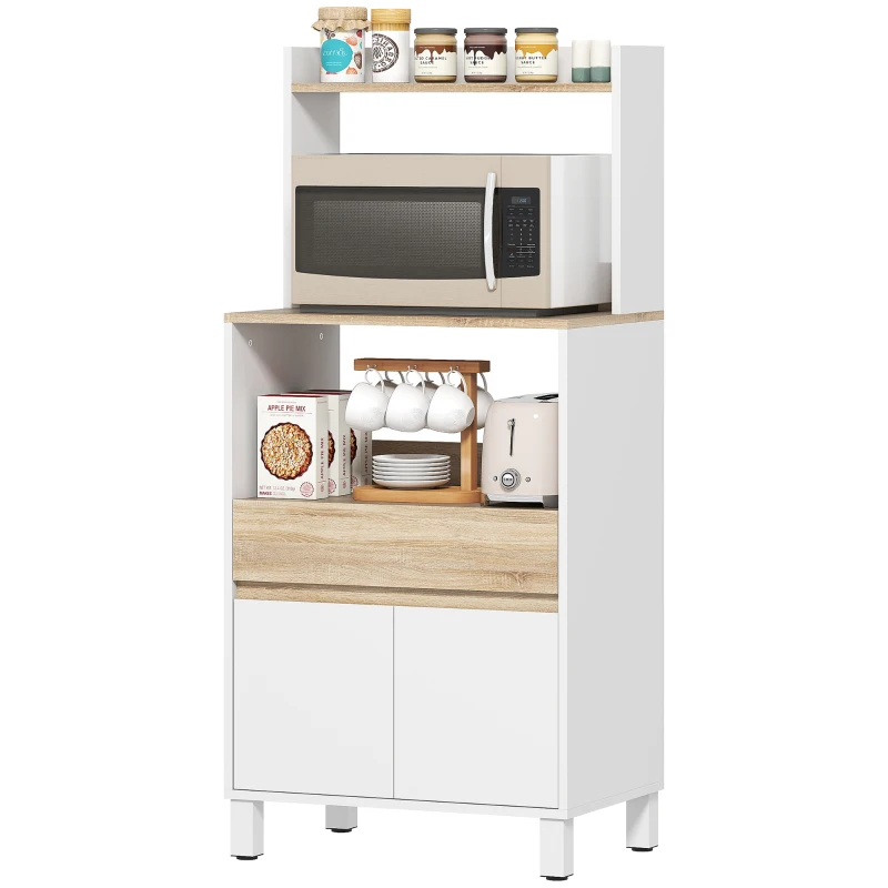 HOMCOM Meuble micro onde, buffet cuisine avec placard tiroir étagère supérieur, 60 x 40 x 131 cm chêne et blanc