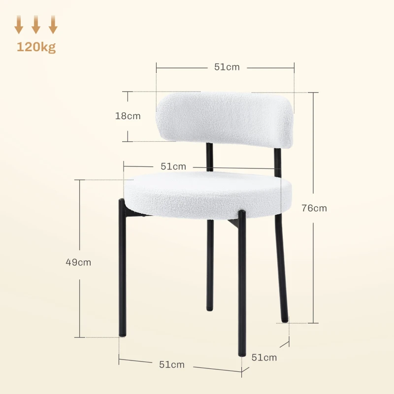 HOMCOM 2-Piece Set Dining Chairs, Fleece Upholstery, Padded Seat Chairs, Metal Legs, Cream White