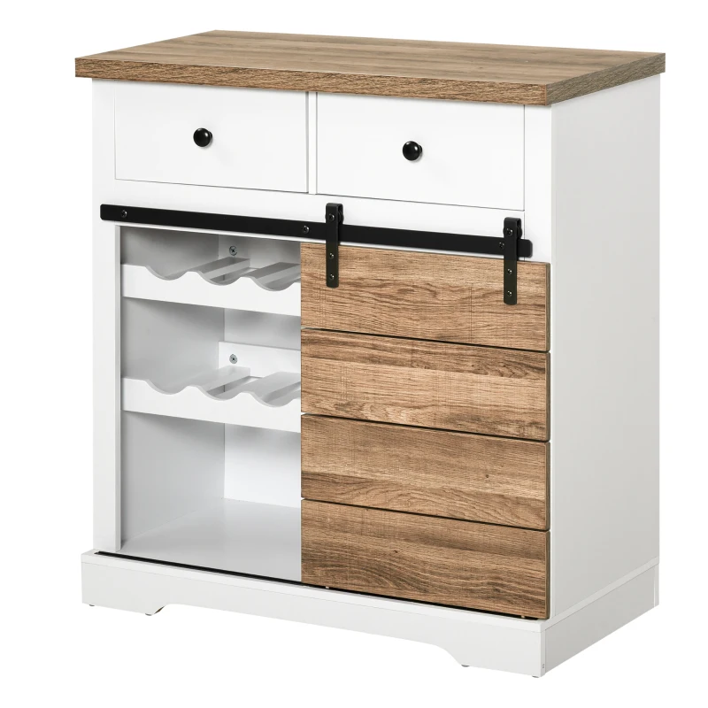 HOMCOM Aparador com Porta de Correr de Celeiro Suporte para 6 Garrafas e 2 Gavetas Estilo Rústico 80x39x86 cm Branco e Madeira