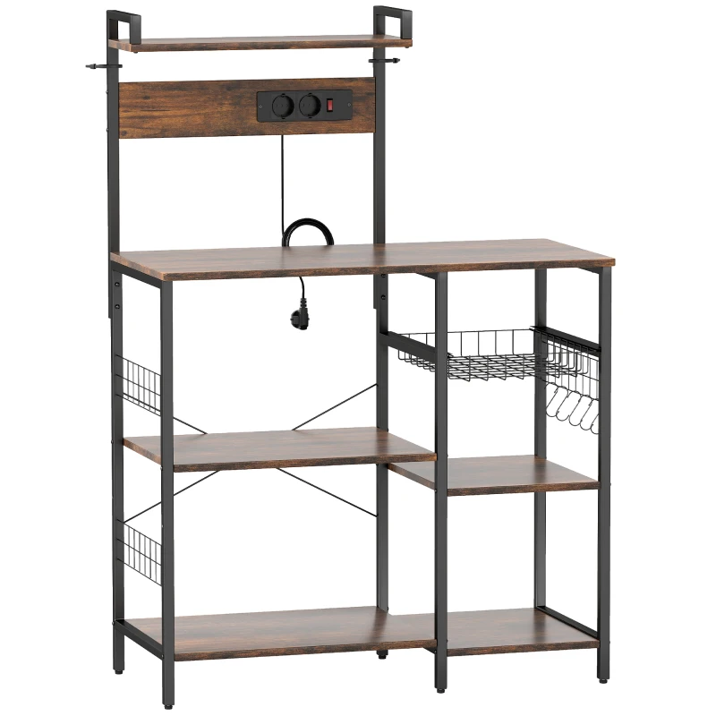 HOMCOM Estantería de cocina, estantería de pie con enchufe, USB, 5 ganchos en S, 5 estantes, cesta, refuerzos en X, acero 90 x 42 x 130 cm
