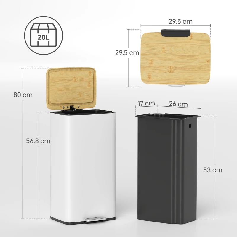 HOMCOM Cestino per la cucina con pedale 20 L Coperchio Chiusura Ammortizzata Secchio Interno Estraibile 29,5x29,5x56,8 cm Bianco e naturale