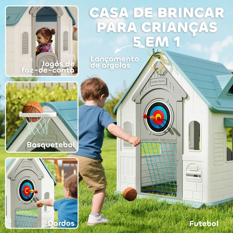 AIYAPLAY Casa de Brincar para Crianças 5 em 1 Casa de Jardim com Lançamento de Anéis Basquetebol Futebol Dardos 132x118x124 cm B