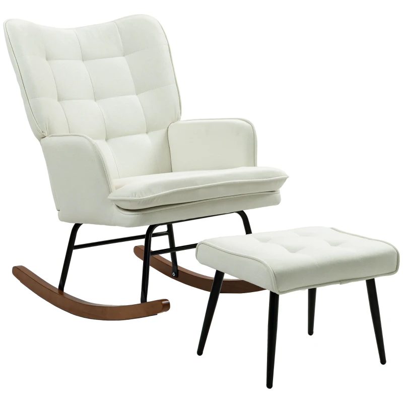 HOMCOM Rocking chair with ottoman, gentle rocking system, linen-look, 64 x 89 x 90 cm, Cream white