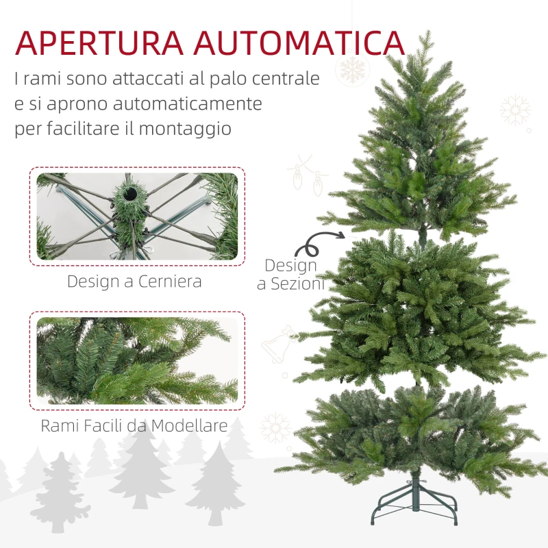 HOMCOM Albero di Natale 210 cm in Plastica Verde con Base in Metallo e 2445 Rami Ignifughi