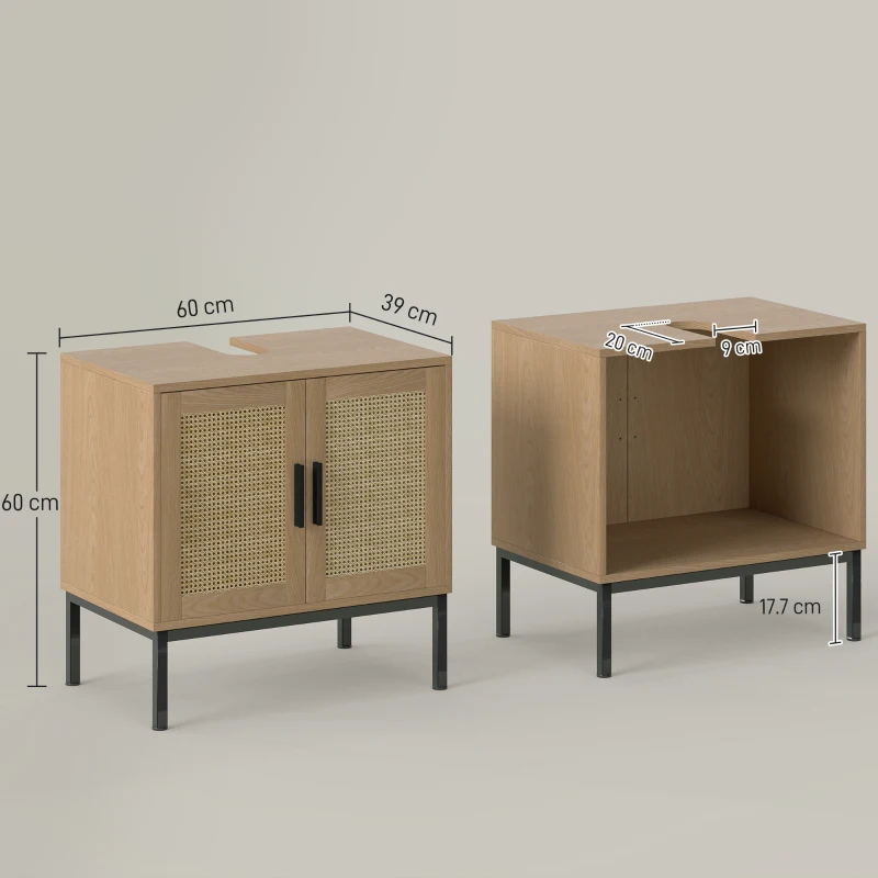 kleankin Bathroom under-sink cabinet, boho design, bathroom cabinet, rattan elements, with U-cutout, oak