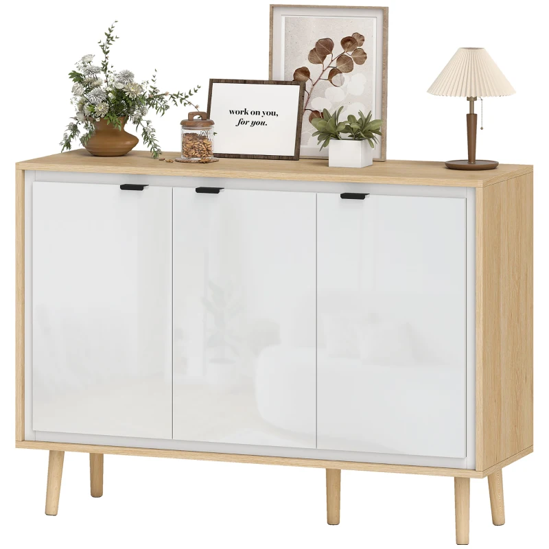 HOMCOM Buffet à haute brillance, meuble de rangement avec 3 portes, étagères réglables, 107 x 35 x 77 cm, blanc et chêne