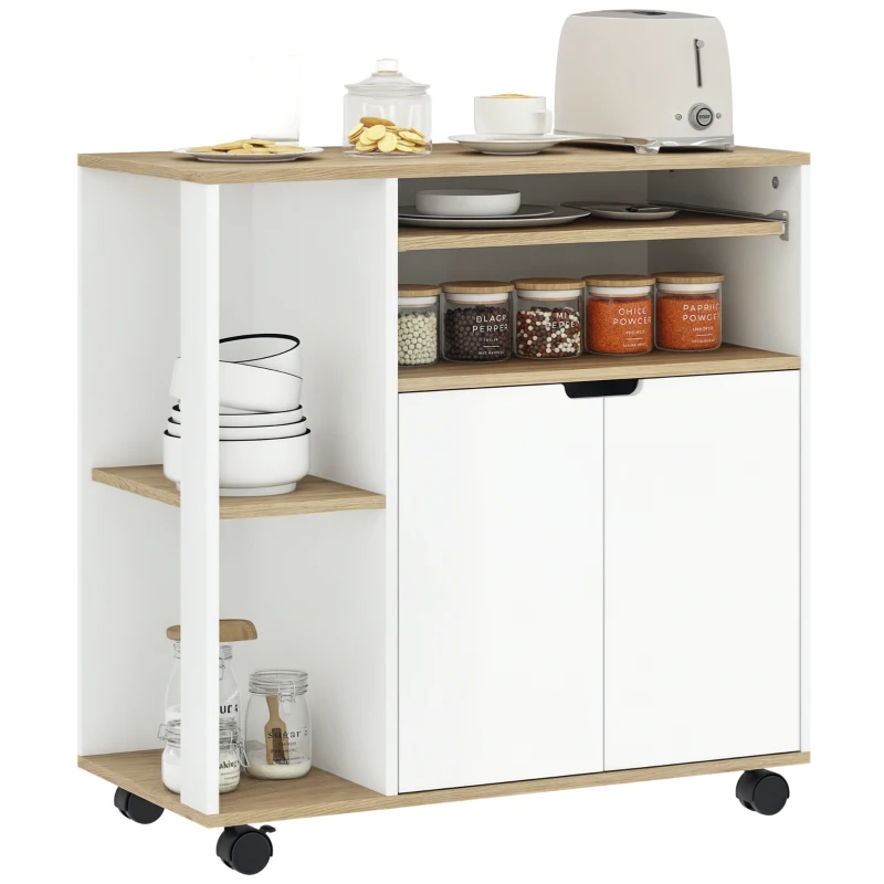 HOMCOM Rolling kitchen cart with storage, cabinet, adjustable shelves, for kitchen, living room, dining room, white