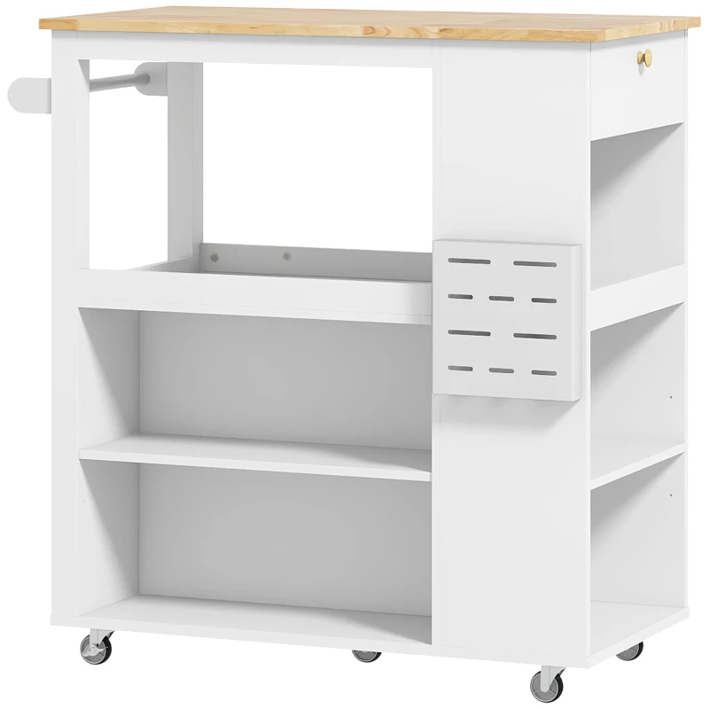 HOMCOM Carrello Isola da Cucina con Ripiani Regolabili, Portacoltelli e Piano in Legno, 86.5x47x88 cm, Bianco