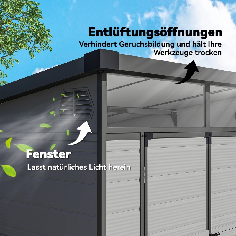 Outsunny 1,9 x 1,9 m Gartenschuppen, Werkzeugschuppen aus Kunststoff , verschließbare Türen, 2 Lüftungsöffnungen, Hellgrau(m-6)