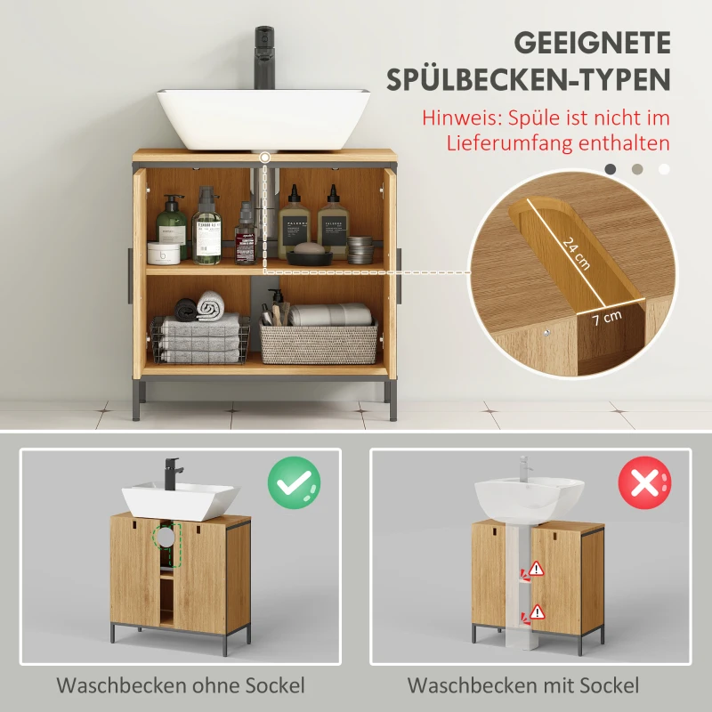 HOMCOM Wastafelonderkast, onderkast met 2 deuren, verstelbare plank, 60x30x60 cm badkamerkast met stalen frame, voor wastafels zonder zuil, eiken(m-4)