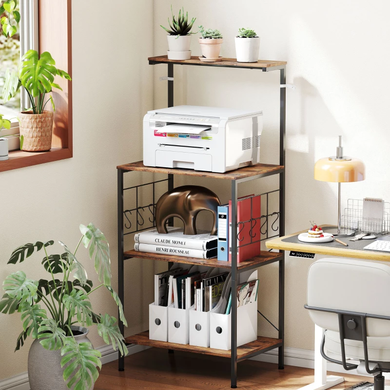 HOMCOM Kitchen rack, 4-tier design, worktop, 8 hooks, metal pipes, Brown+Black