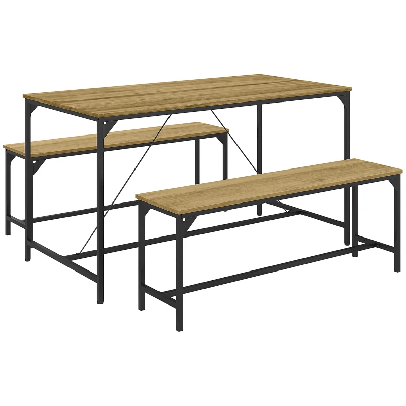 HOMCOM Dining Set, Table & 2 Benches, Industrial Design, Steel Frame, Wood Decor/Black