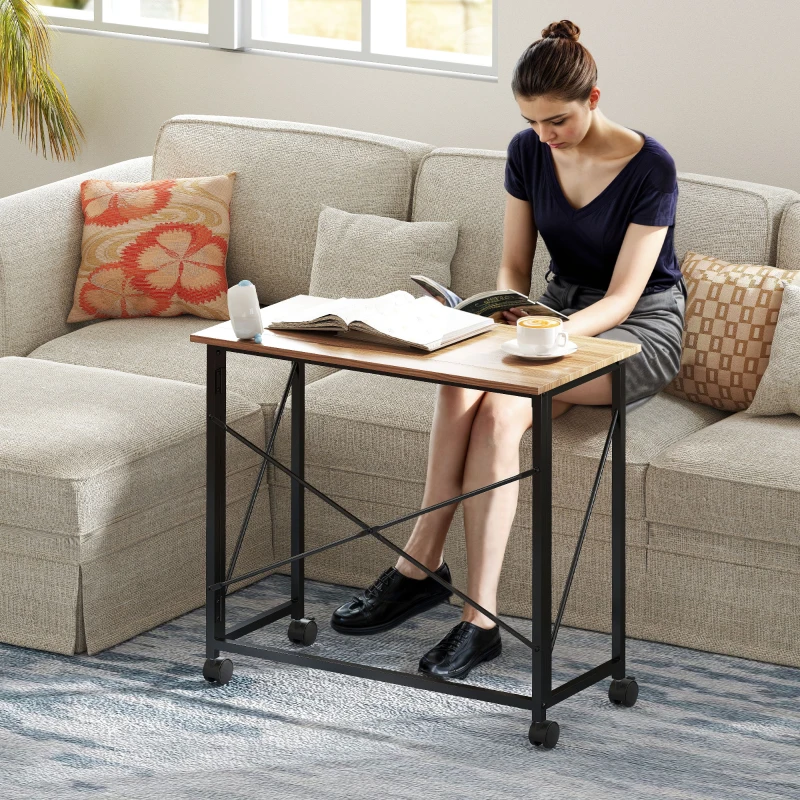 HOMCOM Folding desk with wheels, space-saving, steel, MDF, oak
