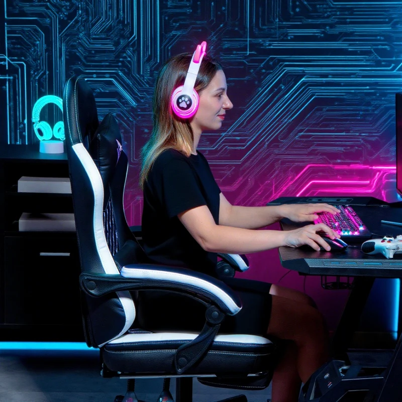 HOMCOM Gaming chair with footrest, computer chair with headrest & cushion, PU leather cover, swivel, height-adjustable, metal, plastic, Black+White