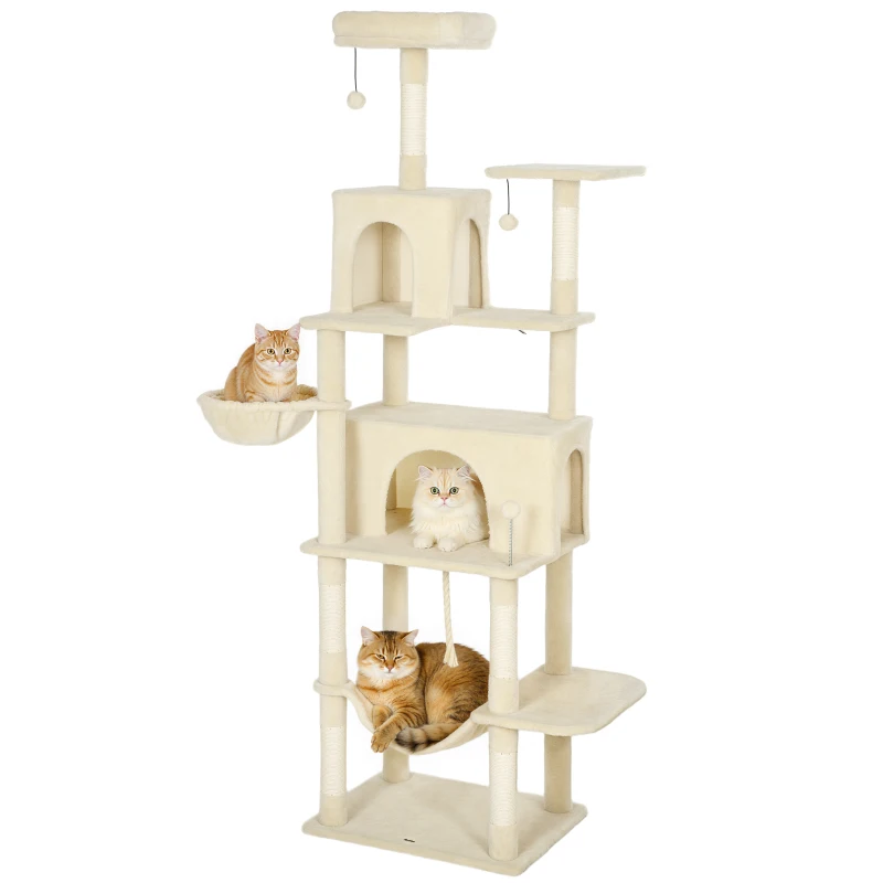 PawHut Kratzbaum mit Plattform Kletterturm für Katzen mit Bett Höhlen Sisal-Pfosten 60x48x202 cm Beige