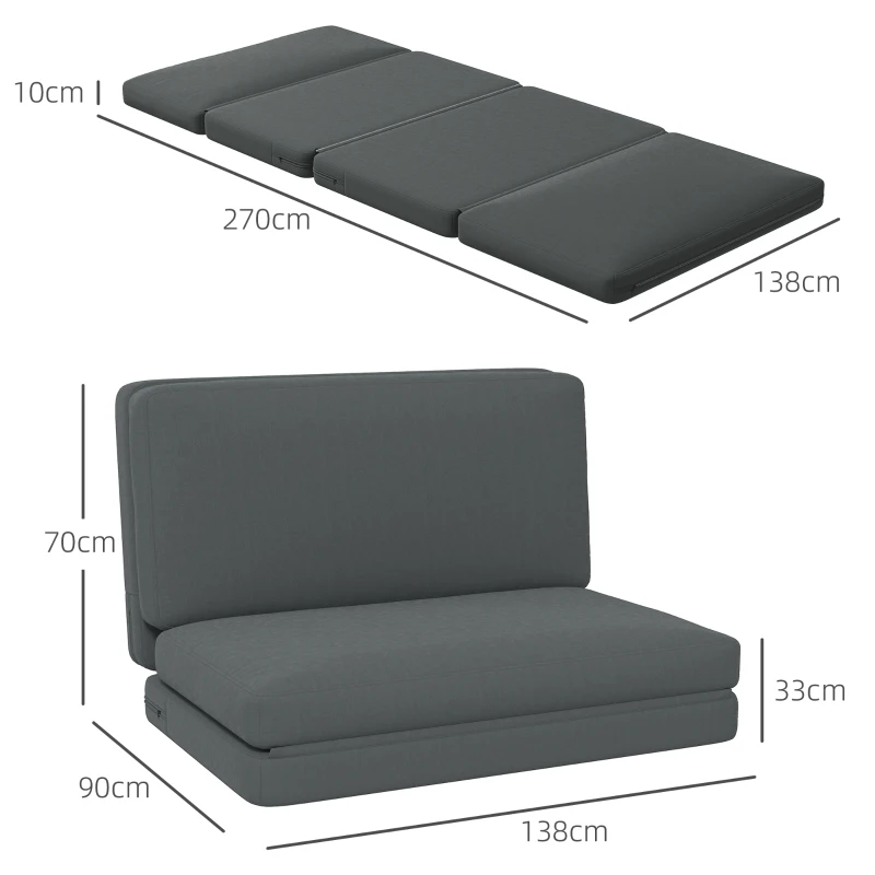 HOMCOM 3-in-1 foldable recliner, guest mattress, divisible, 138 cm wide, Dark Gray