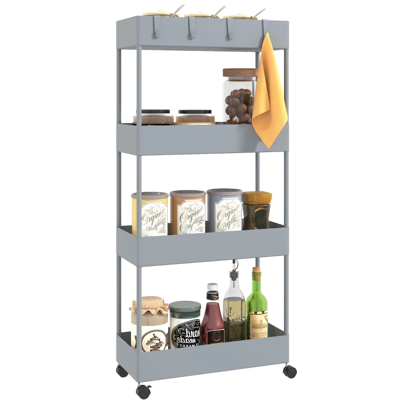 HOMCOM Kitchen Cart with 4 Shelves, 4 Flexible Hooks, 4 Wheels, 40 cm x 19 cm x 90 cm, Niche Cart, Gray