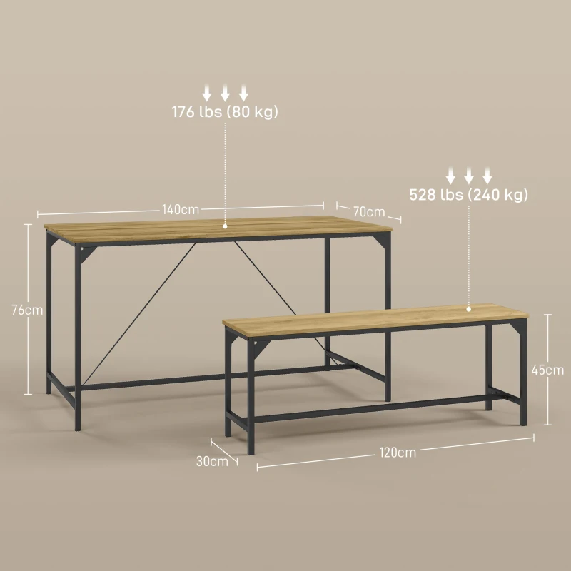 HOMCOM Dining Set, Table & 2 Benches, Industrial Design, Steel Frame, Wood Decor/Black