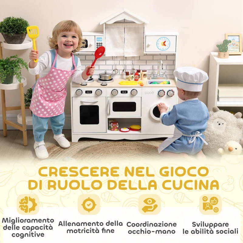 AIYAPLAY Cucina Giocattolo per Bambini 3-6 Anni in Legno con Set di Accessori, Lavandino e Manopole con Suoni, Bianco