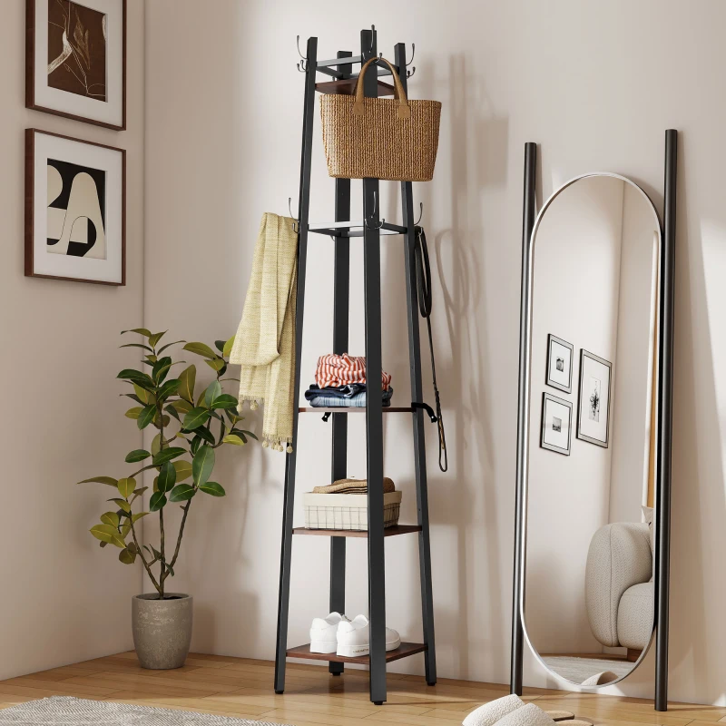 HOMCOM 4-Tier Coat Rack, Freestanding Clothes Rack, 8 Hooks, 4 Shelves, Industrial Style, Metal, Particleboard, Brown