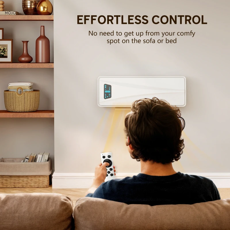 HOMCOM Stufa Elettrica a Basso Consumo da Parete 2000W con 3 Modalità Display LED Termostato Timer e Oscillazione Bianco
