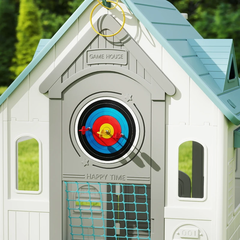 AIYAPLAY Casa de Brincar para Crianças 5 em 1 Casa de Jardim com Lançamento de Anéis Basquetebol Futebol Dardos 132x118x124 cm B