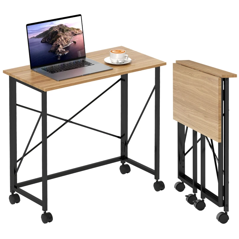 HOMCOM Folding desk with wheels, space-saving, steel, MDF, oak