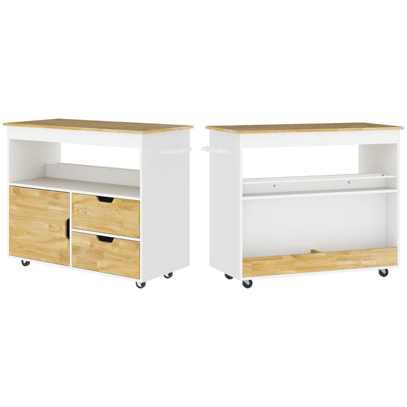 HOMCOM Kitchen cart, Rollable kitchen island, Kitchen trolley with compartments, cabinet and work surface, White