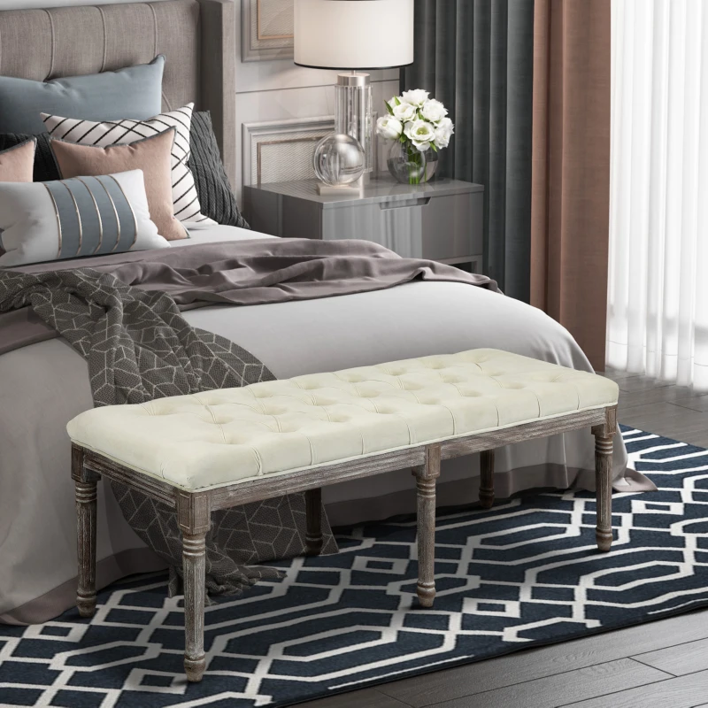 HOMCOM Vintage Velvet Upholstered Bench with Buttons - Beige