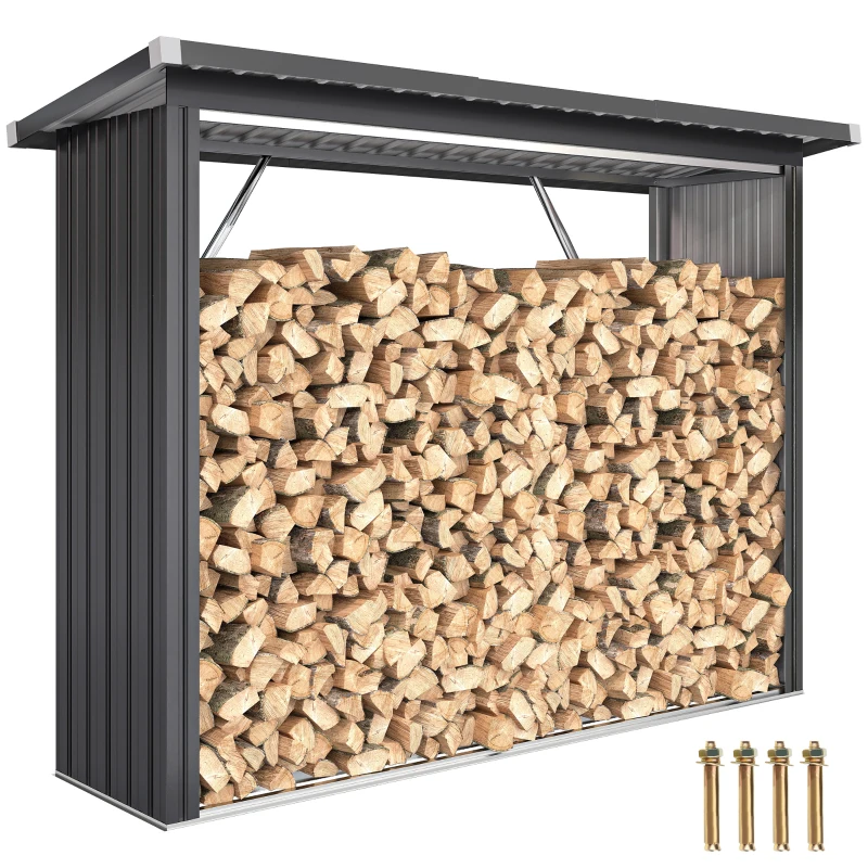 Outsunny Brennholzschuppen, Feuerholzunterstand, Stahl, erhöhter Boden, Schrägdach, 213 x 66,5 x 150 cm, Dunkelgrau(m-11)