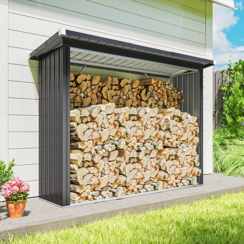 Outsunny Brennholzschuppen, Feuerholzunterstand, Stahl, erhöhter Boden, Schrägdach, 213 x 66,5 x 150 cm, Dunkelgrau(m-8)