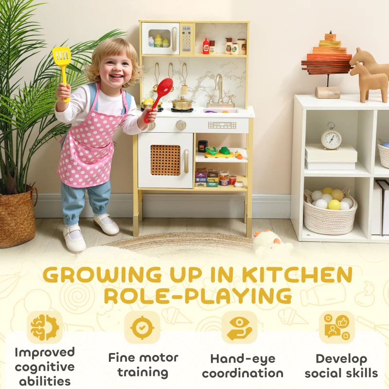 AIYAPLAY Holzspielküche mit Sound und Edelstahl-Zubehör, Schneidegemüse, Gold