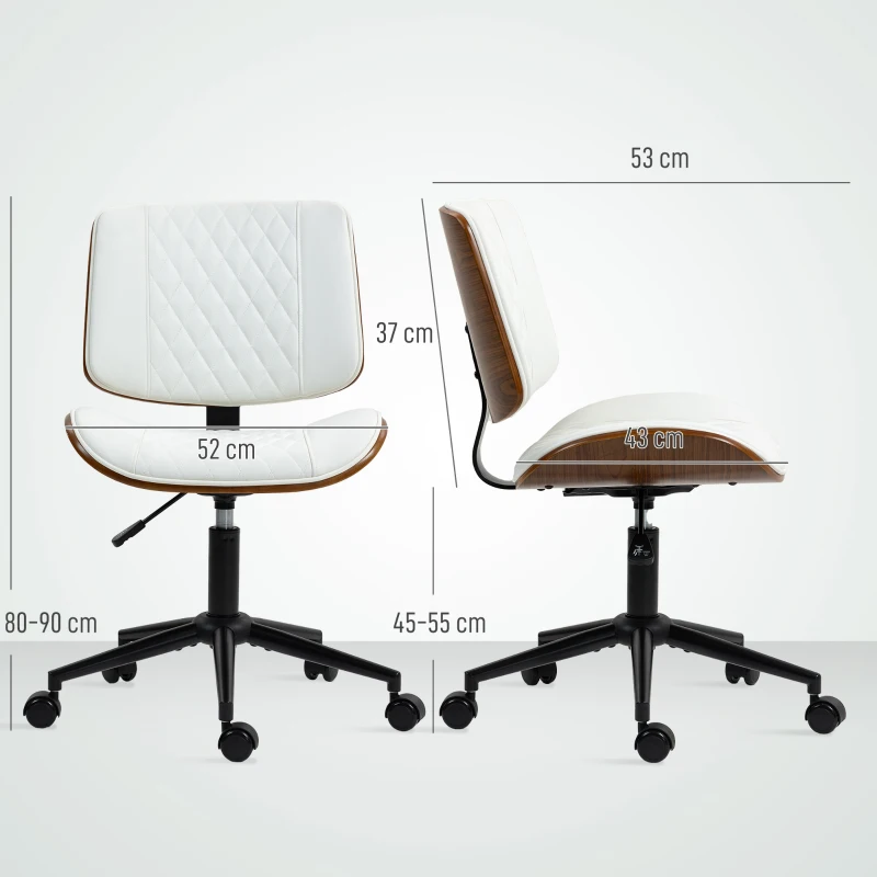 HOMCOM Office Chair Height-Adjustable Desk Chair with Casters, Diamond Quilting 52 x 53 x 80-90 cm White